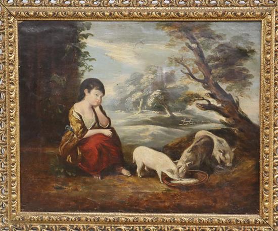 19th century English School, naive oil on canvas, Girl with piglets 40 x 50cm